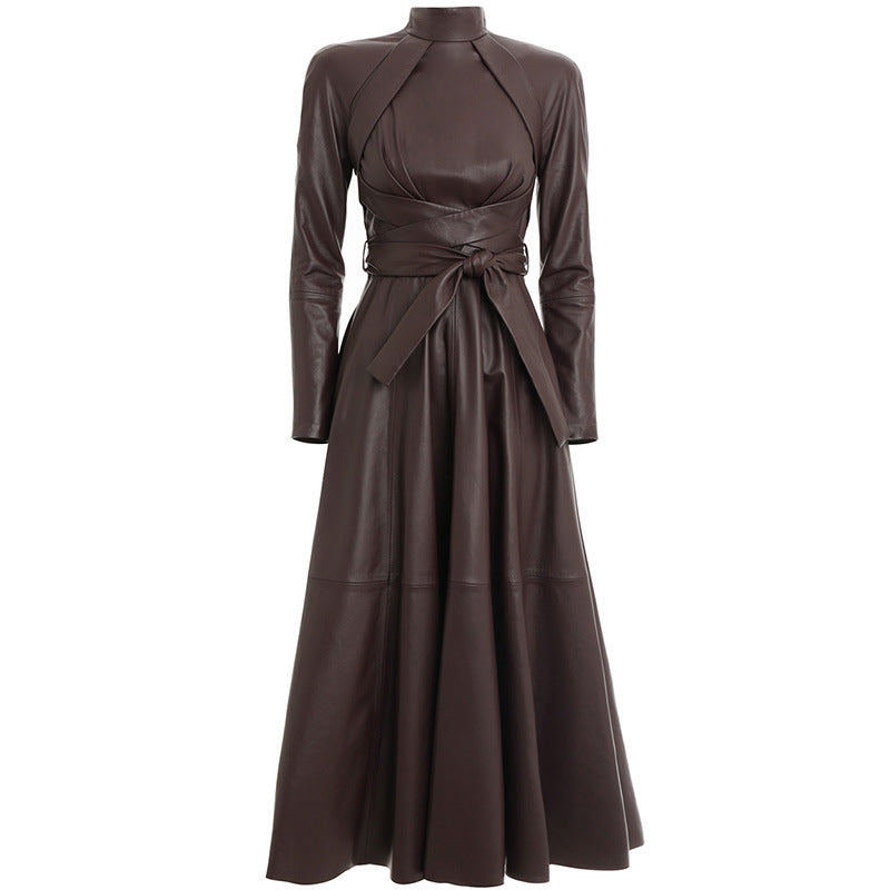 leather cross dress Solid Brown Criss Cross Halter Neck Women Leather Dress 2XL / RED